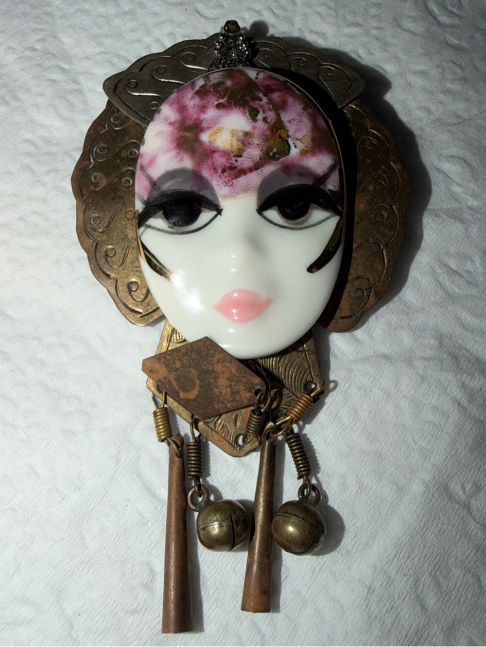 Artisan Porcelain Face Pendant/pin Necklace - Pink and Brass Signed